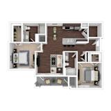 A floor plan of a house with a kitchen, living room, and two bedrooms.