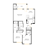 A floor plan of a house with a deck and a dining area.