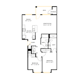A floor plan of a house with a living room, dining room, kitchen, two bathrooms, and two bedrooms.