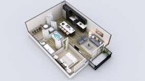a 3d floor plan of a house with a bedroom and a living room