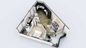 A 3D model of a house with a kitchen, living room, and bedrooms.