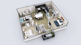 A 3D rendered image of a small apartment layout.