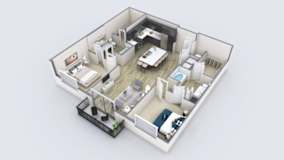 A 3D rendered image of a modern apartment layout.