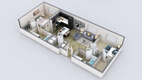 A 3D rendered image of a house layout.