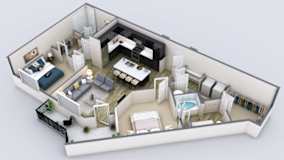 A 3D rendered image of a modern apartment layout.