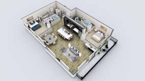 A 3D rendered image of a small apartment layout.