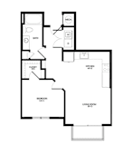 A black and white image of a house floor plan with a bedroom, living room, kitchen, and bathroom.