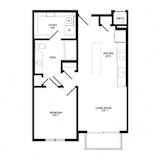 A floor plan of a house with a bedroom, living room, kitchen, bath, and closet.