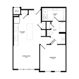 A black and white floor plan of a house with a living room, bedroom, bathroom, kitchen, and closet.