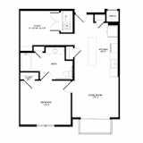 A floor plan of a house with a study, kitchen, living room, bedroom, bath, and closet.