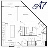 a floor plan of a studio apartment with a bedroom and a living room