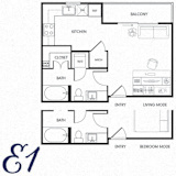 A floor plan of a two bedroom apartment with a living area.