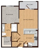 A diagram of a house layout with a bedroom, bathroom, living/dining area, kitchen, and closet.