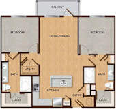 A floor plan of an apartment with a living room, two bedrooms, a kitchen, bathrooms, a utility closet, and an entry closet.