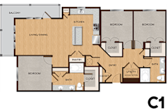 A floor plan of a house with a living room, dining room, kitchen, pantry, two bedrooms, two bathrooms, and a balcony.