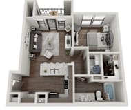 A 3D floor plan of a house with a kitchen, living room, and bathroom.