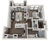 A 3D floor plan of a house with a kitchen, living room, and bathroom.