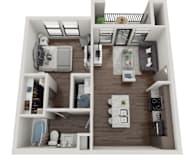 A 3D floor plan of a small apartment with a kitchen, living room, and bathroom.