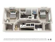 A floor plan of an apartment showing a kitchen, living room, and two bedrooms.