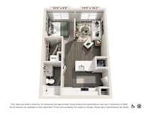A floor plan of an apartment with a kitchen, living room, and two bedrooms.