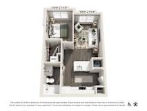 A floor plan of an apartment with two bedrooms and two bathrooms.