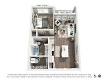 A floor plan of an apartment with a kitchen, living room, and bathroom.