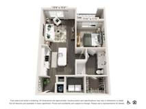 A floor plan of an apartment with a kitchen, living room, and two bedrooms.