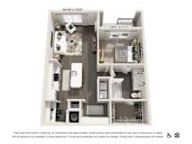 A floor plan of an apartment with a kitchen, living room, and bedroom.