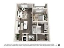 A floor plan of an apartment with a kitchen, living room, and bedrooms.