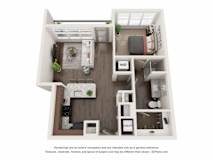A 3D floor plan of a small apartment with a kitchen, living room, and bedroom.