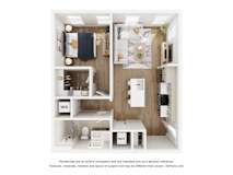 A 3D floor plan of a small apartment with a kitchen, bathroom, and living room.