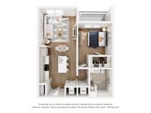 A 3D floor plan of a small apartment with a kitchen, bathroom, and living room.