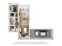 A 3D floor plan of a small apartment with a kitchen, living room, and bathroom.