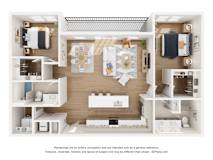 A 3D floor plan of a small apartment with a kitchen, living room, and bathroom.