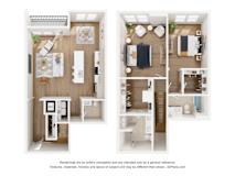 A series of four images showing different layouts of a small apartment.