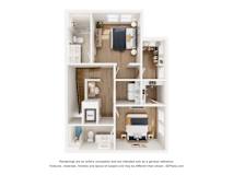 A 3D floor plan of a small apartment with a kitchen, living room, and bathroom.