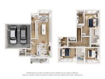 A 3D floor plan of a house with two bedrooms, a living room, a kitchen, and a bathroom.