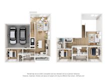 A 3D floor plan of a house with two bedrooms, a living room, a kitchen, and a garage.