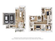 A 3D floor plan of a house with two bedrooms, a living room, a kitchen, and a garage.