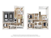A 3D floor plan of a house with two bedrooms, a living room, a kitchen, and a bathroom.