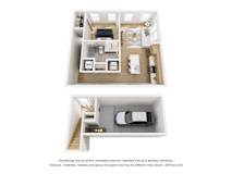 A 3D floor plan of a small apartment with two bedrooms, a living room, and a kitchen.
