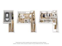 A 3D floor plan of a house with a car and staircase.