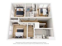 A series of images showing different views of a small, modern apartment.