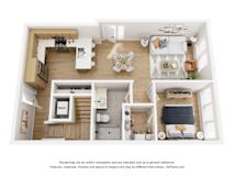A top-down view of a modern apartment layout with a kitchen, living room, and bedroom.