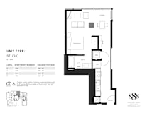 A black and white image of a floor plan for a studio apartment.