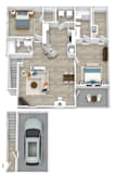 a stylized floor plan of a house with a car and a bedroom and living