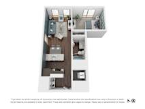 A floor plan of a small apartment with a kitchen, living room, and bedroom.