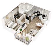 A top down view of a small apartment with a kitchen, living room, and bathroom.
