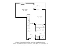 A floor plan of a home with a living room, bedroom, kitchen, bathroom and entry.