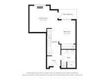 A floor plan of a home with a living room, bedroom, kitchen, bathroom, and entry.